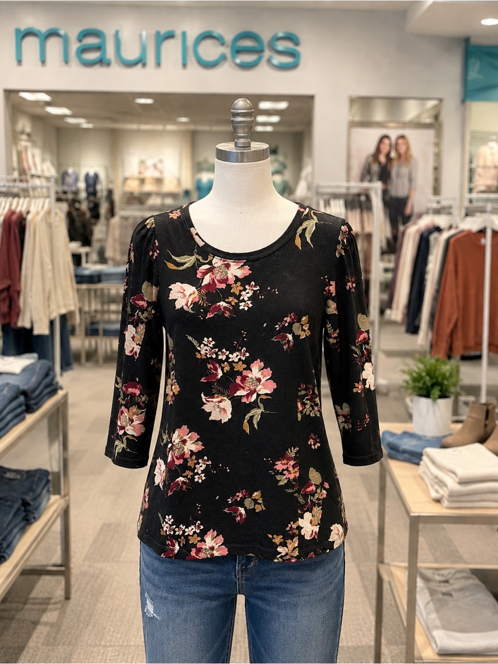 Maurices Black Floral Scoop Neck Top